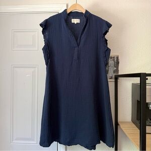 SITANO navy blue cotton gauze ruffle summer popover sleeveless polo mini dress